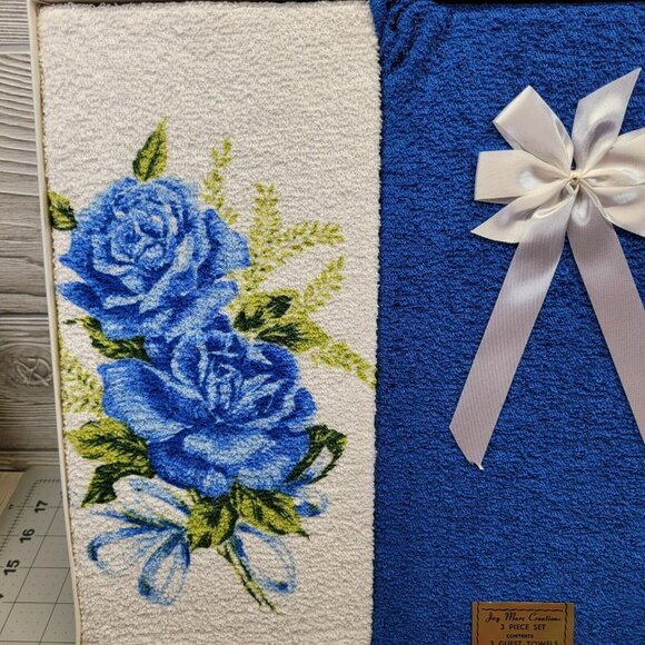 Jay Marc Creations Bathroom Towel Set 3 Piece Guest Towel Blue Rose Floral Vtg - Picture 2 of 12